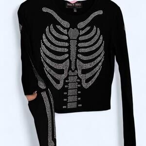 Black skeleton Tricks N Treats long sleeve shirt with rhinestone details Size XS